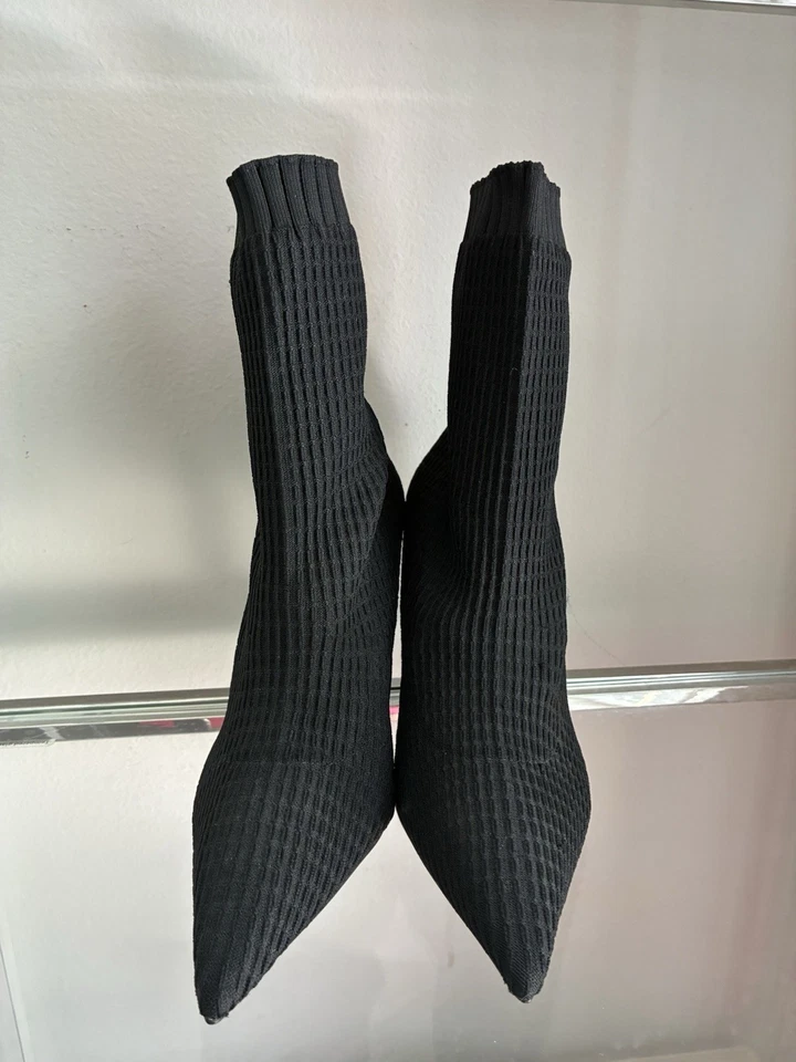 *NUEVO* Zara 37 🖤 Botas Calcetín Tejidas Negras - Punta Punta Tacón Alto Botines Foto 4 de 4