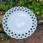 VTG White Milk Glass Plate Scroll Eye Lace Edge Pressed Glass Unique Flaw