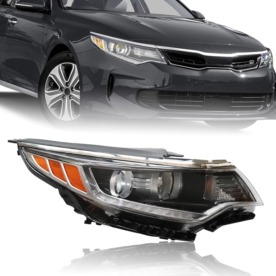 For 2016-2018 Kia Optima Black Headlight w/ LED Daytime Running Light LH+RH Pair - Image 2 of 4