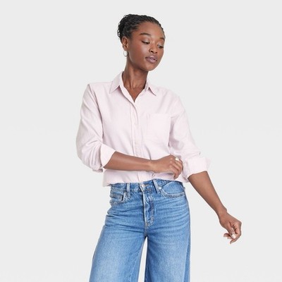 Universal Thread L Pink Solid Classic Fit Collared Button Woven Cotton Shirt