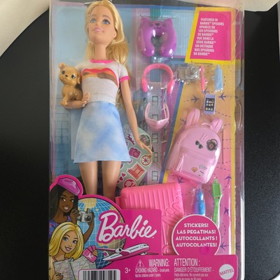 NWT: Barbie - Malibu Doll + Travel Accessories, Pink Suitcase, Puppy (Blonde)