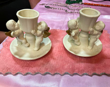 Pair Small Vintage White Ceramic Angel Taper Candle Holders Gold Wings