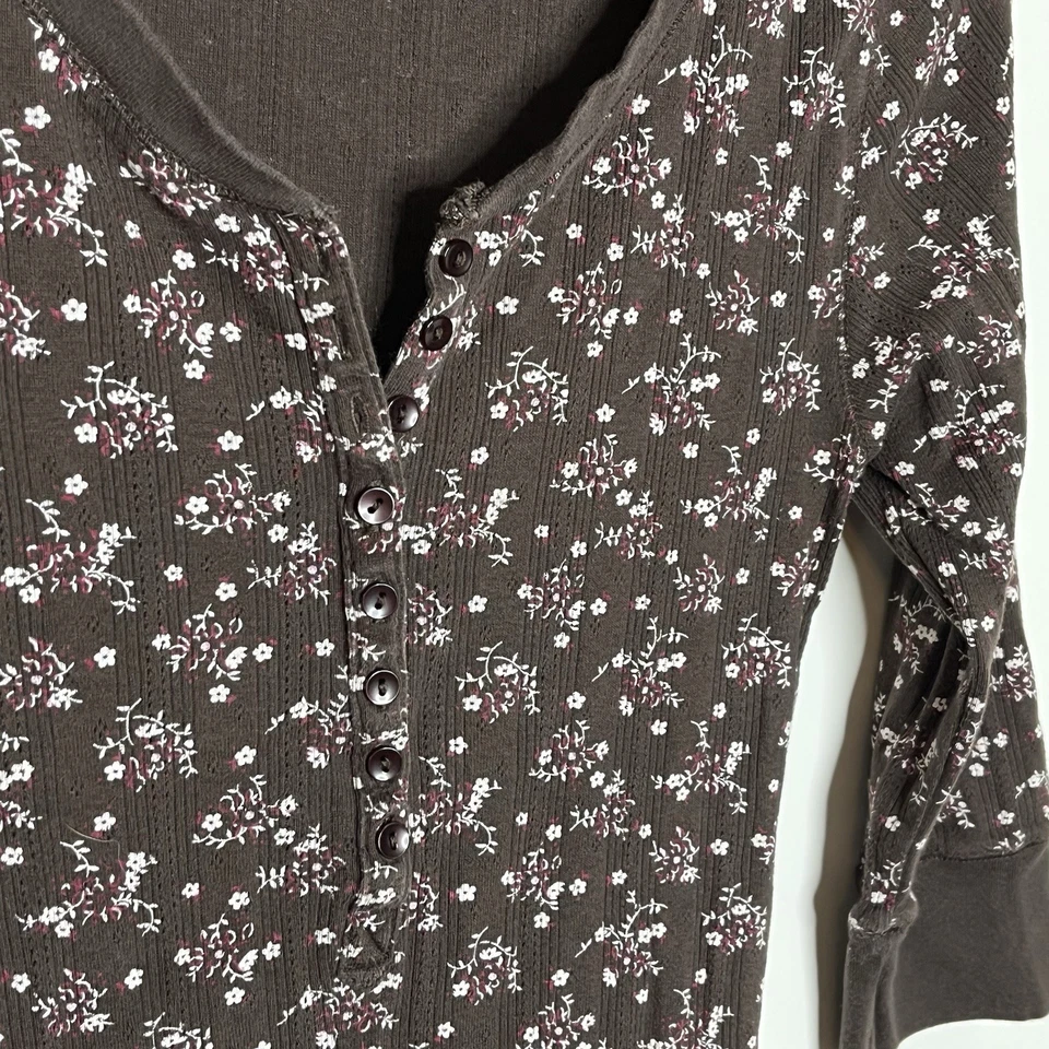 Gap Y2K цветочный Henley верхний коричневый женщин XS ребристый Pointelle Cottagecore изящный - Изображение 2 из 4