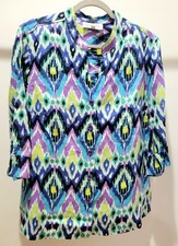 100% LINEN Jones New York Roll Tab Sleeve Blouse Multicolor Abstract Print Sz L