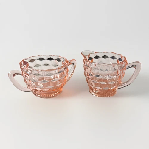 Fostoria American Pressed Glass Pink Creamer/ Milk and Sugar Bowl For Tea Coffee