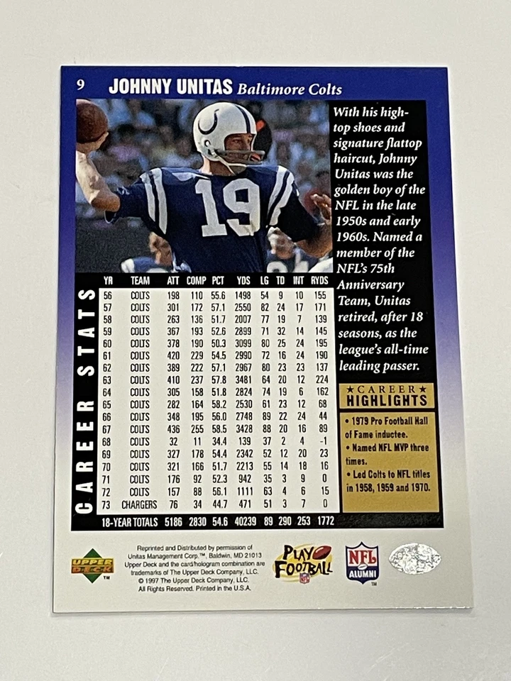 1997 Upper Deck Legends Football #9 - Johnny Unitas - Baltimore Colts - Image 2 of 2