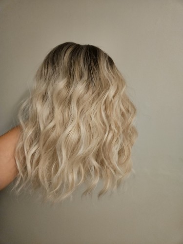 NEW BANGS SHORT WAVY MIXED BLONDE HAIR WIG DARK ROOTS HIGHLIGHTS - Picture 6 of 6