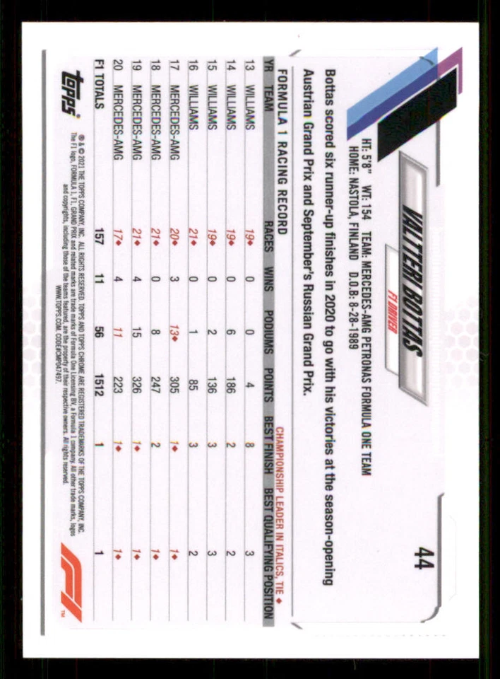 2021 Topps Chrome Formula 1 #44 Valtteri Bottas - Image 2 of 2