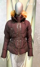 Just Cavalli Jacket with red fox hood, double zip, size 40, brand new, burgundy 