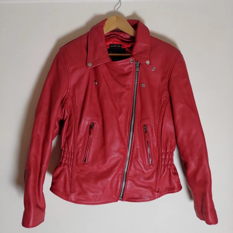 Vintage X Element 80s Womens Red Leather Biker Jacket XXL Biker Motorcycle Zip - Image 2 of 4