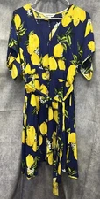 Davi & Dani Sz M Lemon Print Fit And Flare Dress Tie Waist Button Up V Neck Soft