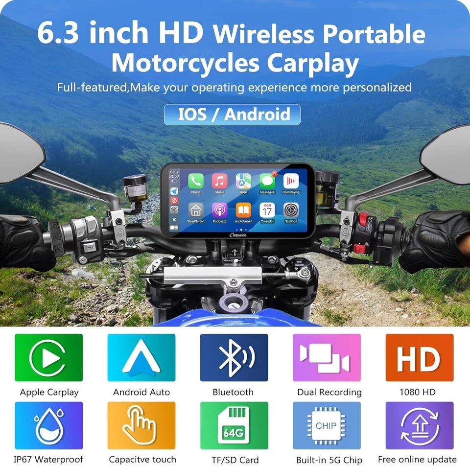 Carpuride W603D Wireless CarPlay Android Auto Wasserdichter Touchscreen für Moto - Bild 2 von 4