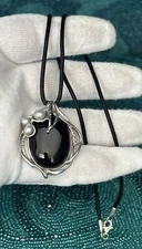 Hagit Gorali Black Agate & Culture Pearl Sterling Silver Necklace on Black Cord