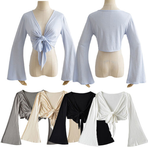 Women Ballet Wrap Top Long Flare Sleeve Yoga Dance Crop V Neck Soft Shirts - Picture 3 of 30