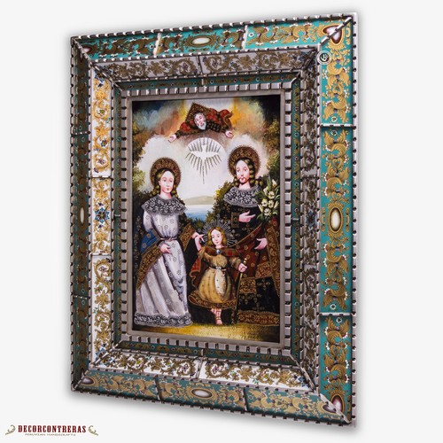 Heilige Familie, Replik Gemälde auf Holz aus Peru, handbemalte Kunst Glasrahmen - Bild 3 von 10