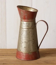 NEW PRIMITIVE FARMHOUSE PITCHER Galvanized Gray Red Country Vtg Look Metal 9.5"H