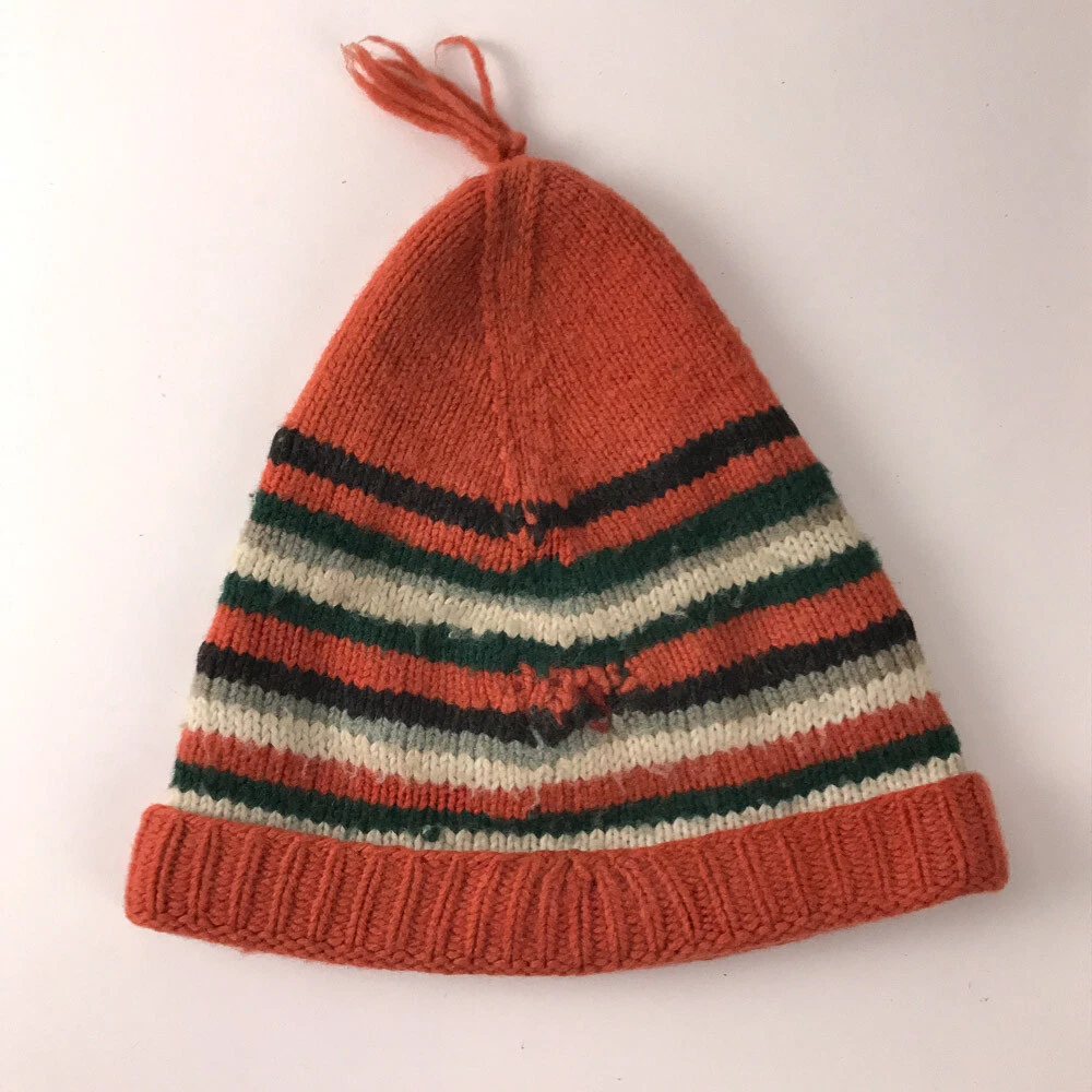 Vintage Orange with Color Stripes Knit Triangle Ski Winter Cap