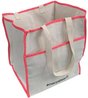 Macys beige canvas Tote Bag pink trim Shopper 13.5'' x 12.5'' x 11'' Beach Travel