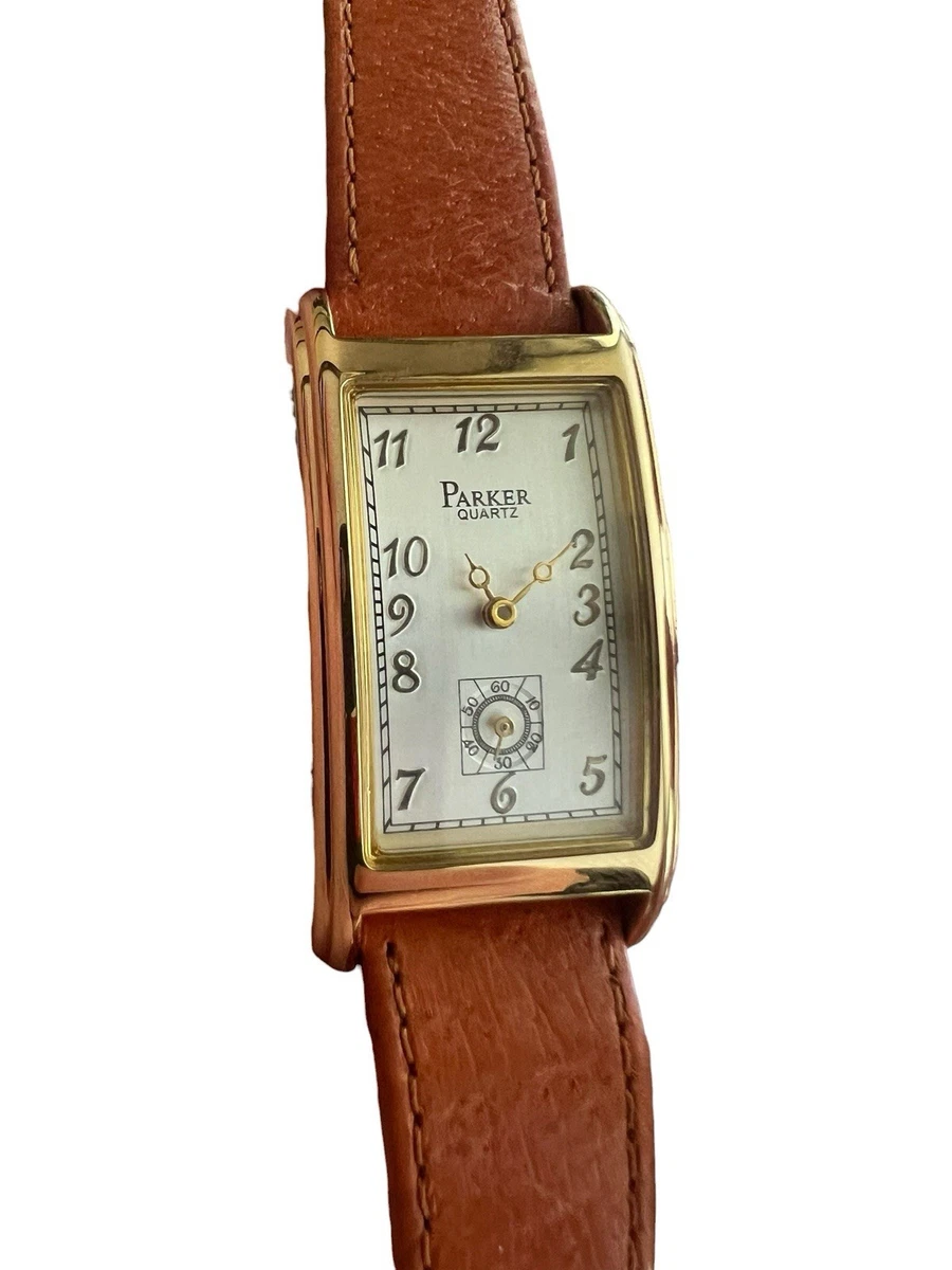 Parker Curvex Slim Tank Watch 22mm Gold Tone Brown Leather 93680 New Battery Parker Curvex Slim Tank Watch Gold Tone Stainless Steel  main image 2