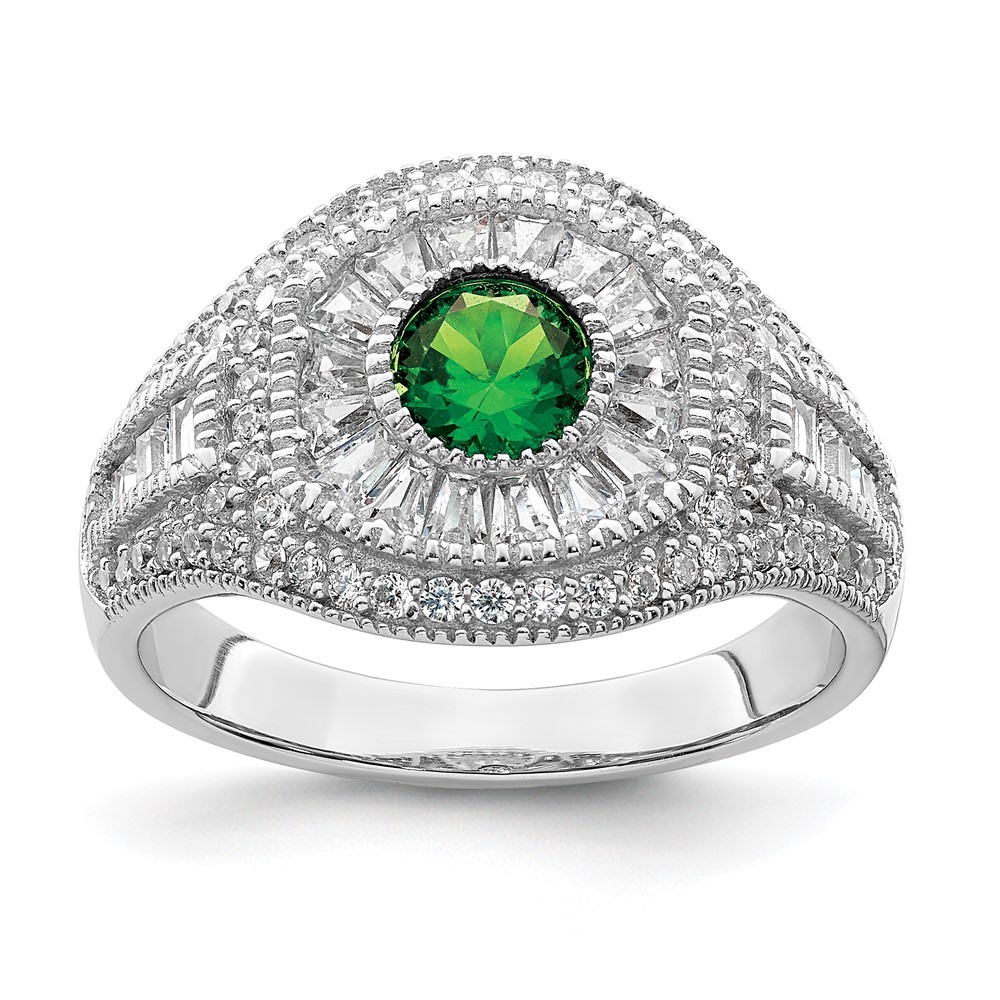 Sterling Silver Rhodium Plated Green White CZ Ring Size 7