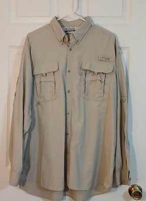 Mens Columbia Sportswear Long Sleeve Button Up Beige Khaki Shirt Sz Lg Free Ship