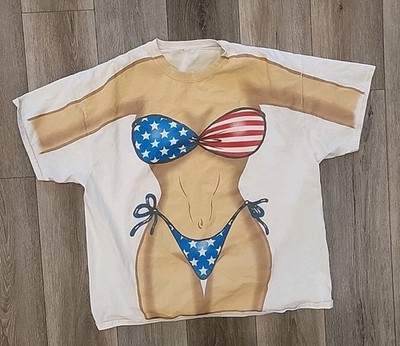 Vintage Liquid Blue Beach Cover Up Shirt USA Flag Bikini Novelty Tee Made in USA