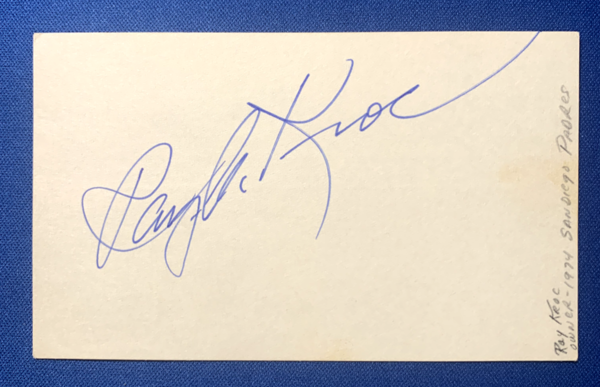 Ray Kroc Autographed 3x5 Index Card McDonald's / San Diego Padres