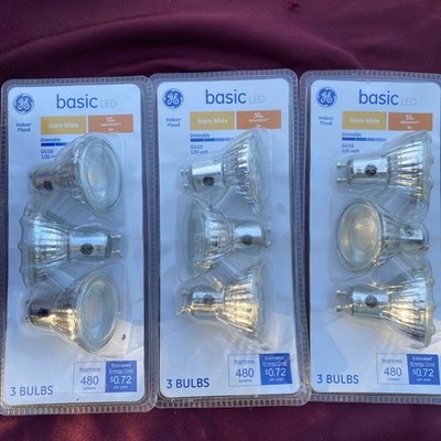 (3) GE 3 PK Basic LED GU10 Warm White Dimmable Flood Light Bulbs 50W 480  lumen 