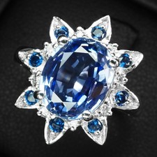 FLOWER RING VIVID BLUE SAPPHIRE OVAL 4.55CT 925 STERLING SILVER HANDMADE GIFT