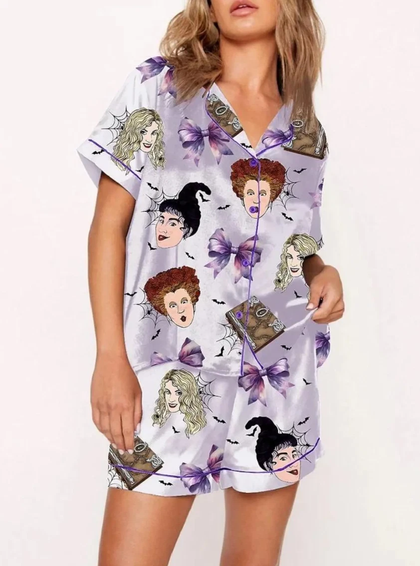 Hocus Pocus Coquette Bow Spooky Halloween Satin Short-Sleeve Pajamas Set