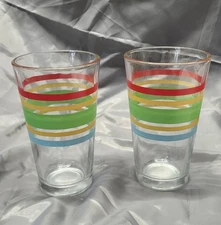 Libby Ring Fiesta Striped Drinking Glasses Red Yellow Green Blue Vintage 1960s