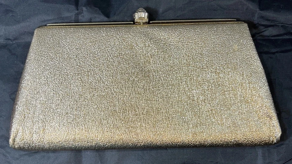 Vintage 60s Handbag Purse Clutch Bag Gold Evening Party Bag Flower Snap Closure - Image 2 of 4