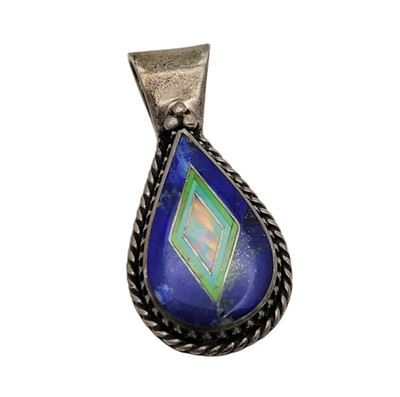 Southwest Sterling Silver Multi Stone Inlay Pendant Lapis Opal Turquoise