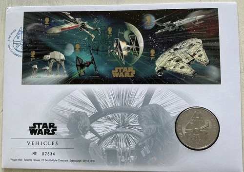 GB QEII 2015 Star Wars Vehicles Coin Numbered FDC Shuttlewood Chesterfield SHS