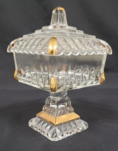 Vintage Jeanette Glass Covered Pedestal Wedding Box/Candy Dish/Compote Gold Trim