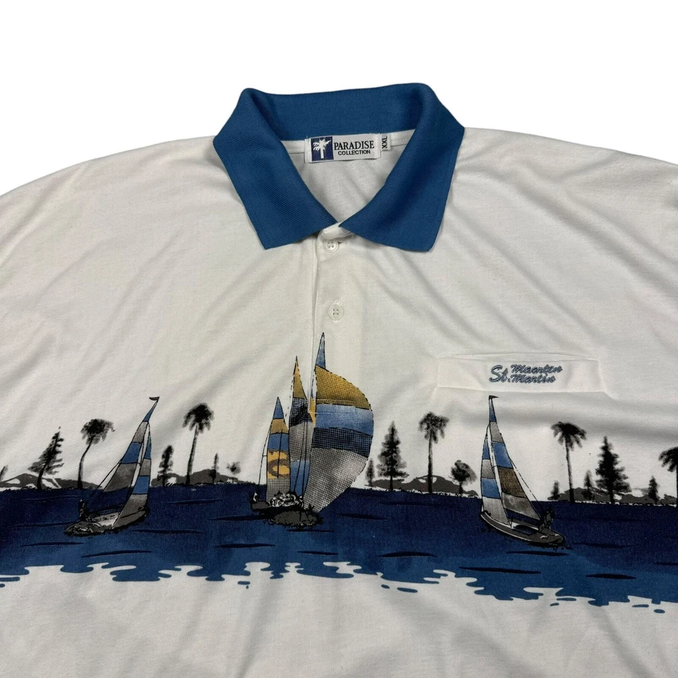 Polo Men's XXL Vintage Beach Vacation Blue White Striped Ocean Island Zone - Image 2 of 4