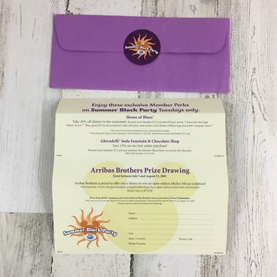 Walt Disney World Vtg DVC Summer Block Party Flyer and Envelope 2005