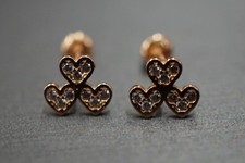 14K Solid Rose Gold Women Children Three Heart With CZ Screw Back Earring.