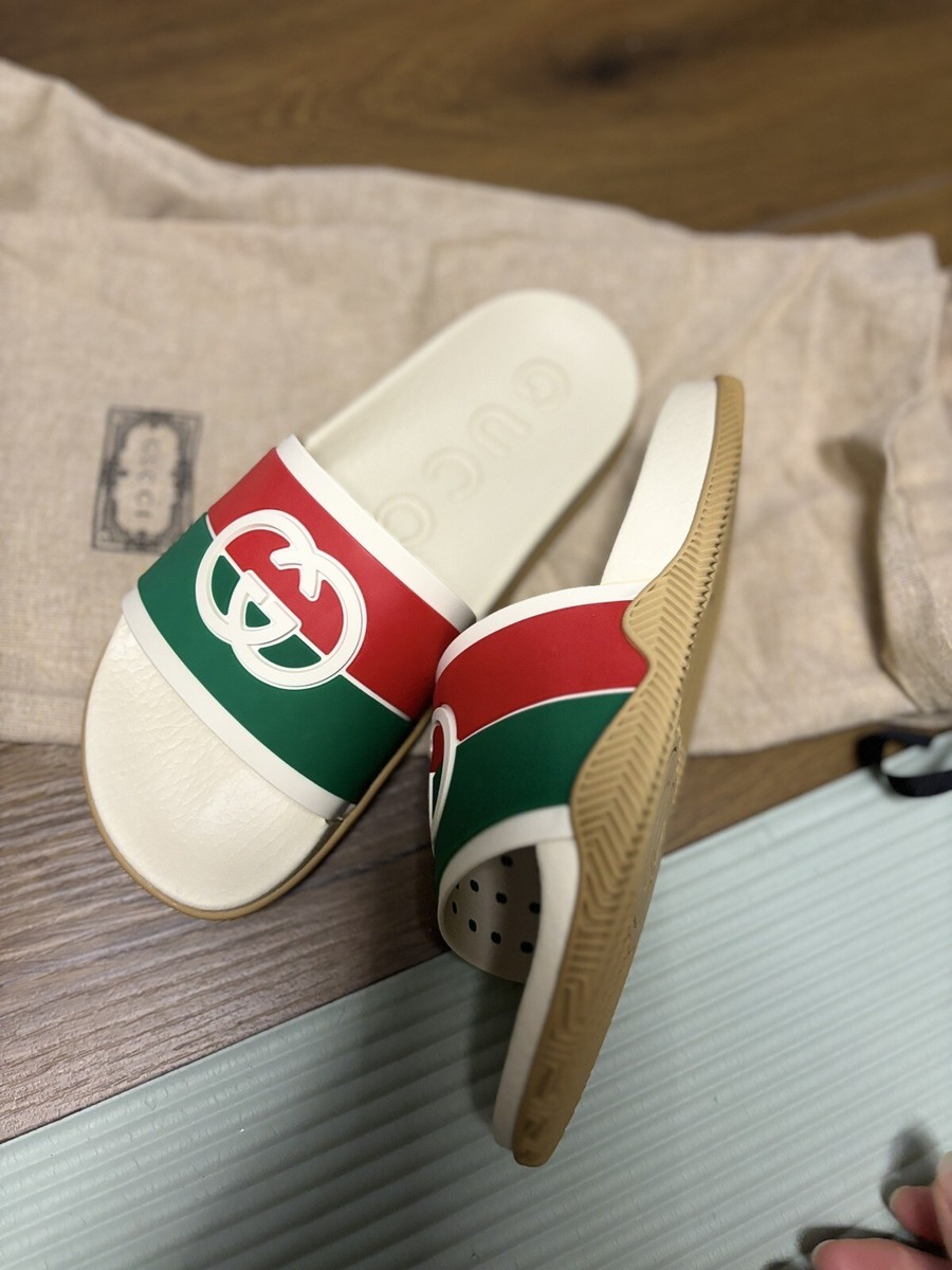 GUCCI Womens GG Logo Web Stripe Rubber Slides Slide Sandal 39, US 