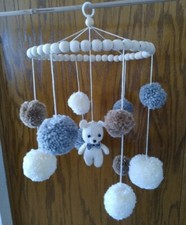 Hand Crafted Pom Poms and Bear Baby Mobile Room Decor Neutral Colors