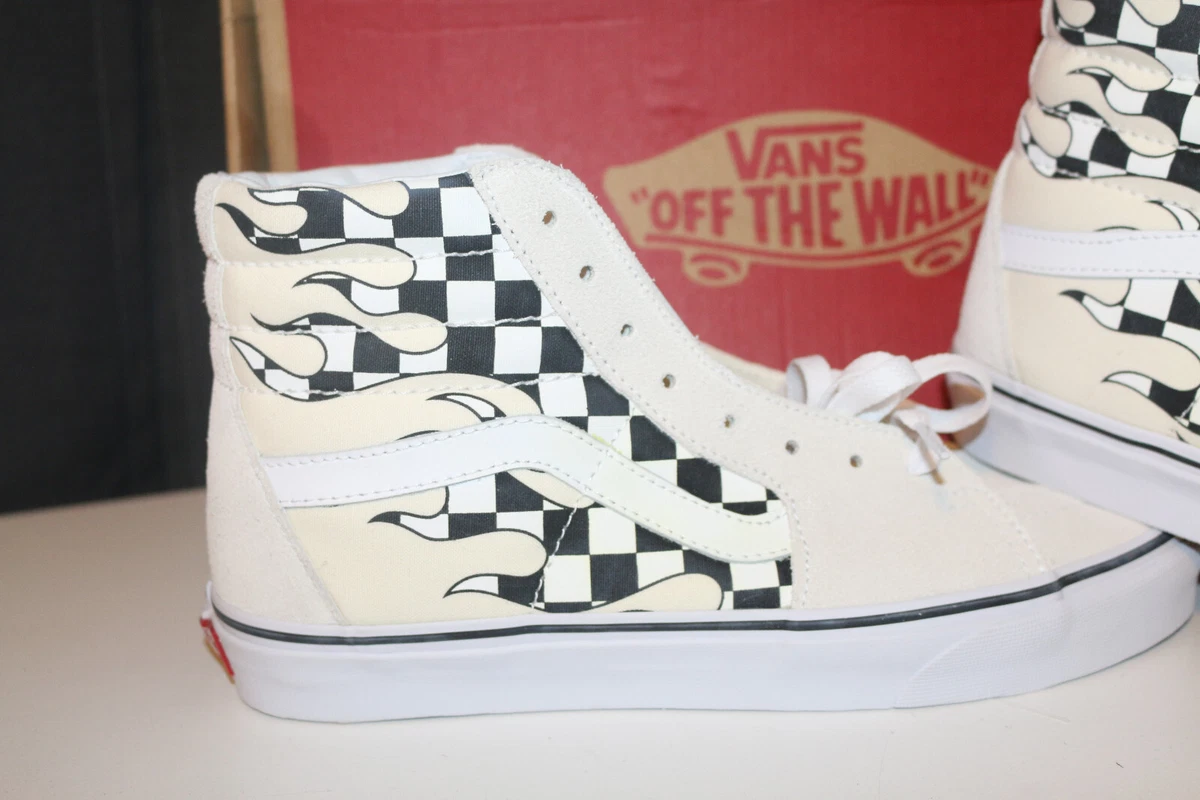 Vans Sk8 Hi Checker Flame Classic White Skate Shoes Checkerboard