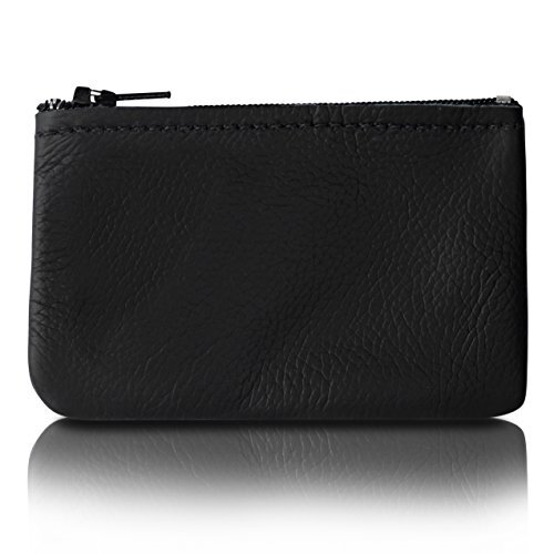 Genuine Leather Coin Pouch Change Holder for Men/Woman with Zipper Pouch Black