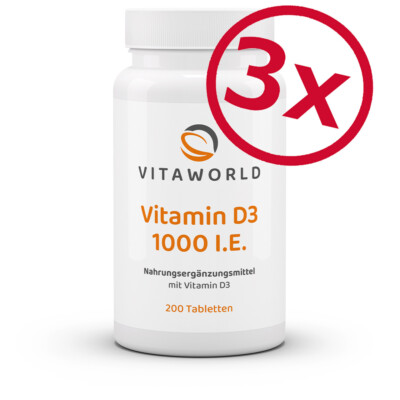 Vita World 3er Pack Vitamin D3 1000 I.E. 3 x 200 Tabletten Made in Germany