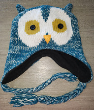 girls WINTER KNIT HAT OWL FACE fleece lined ONE SIZE FITS MOST braids on side