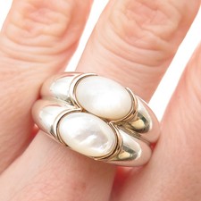 925 Sterling Silver 14K Gold Vintage Real Pearl Modernist 2-Row Ring Size 10.25