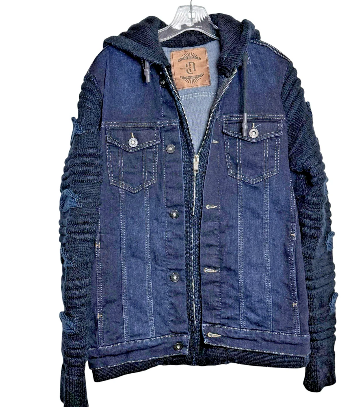 Leif Nelson Denim & Knit Hooded Trucker Jacket Men's Sizes Large LN5755A Blue