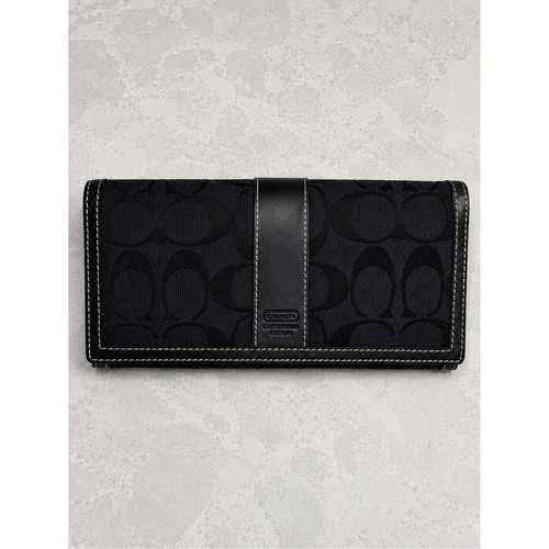 Coach Signature Trifold Wallet Black Jacquard Leather Checkbook Organizer