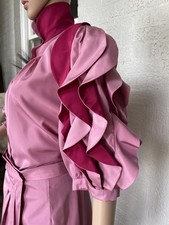 Vintage 1970s fuchsia pink two-piece set blouse ruffled shoulders Maxi Skirt SZM