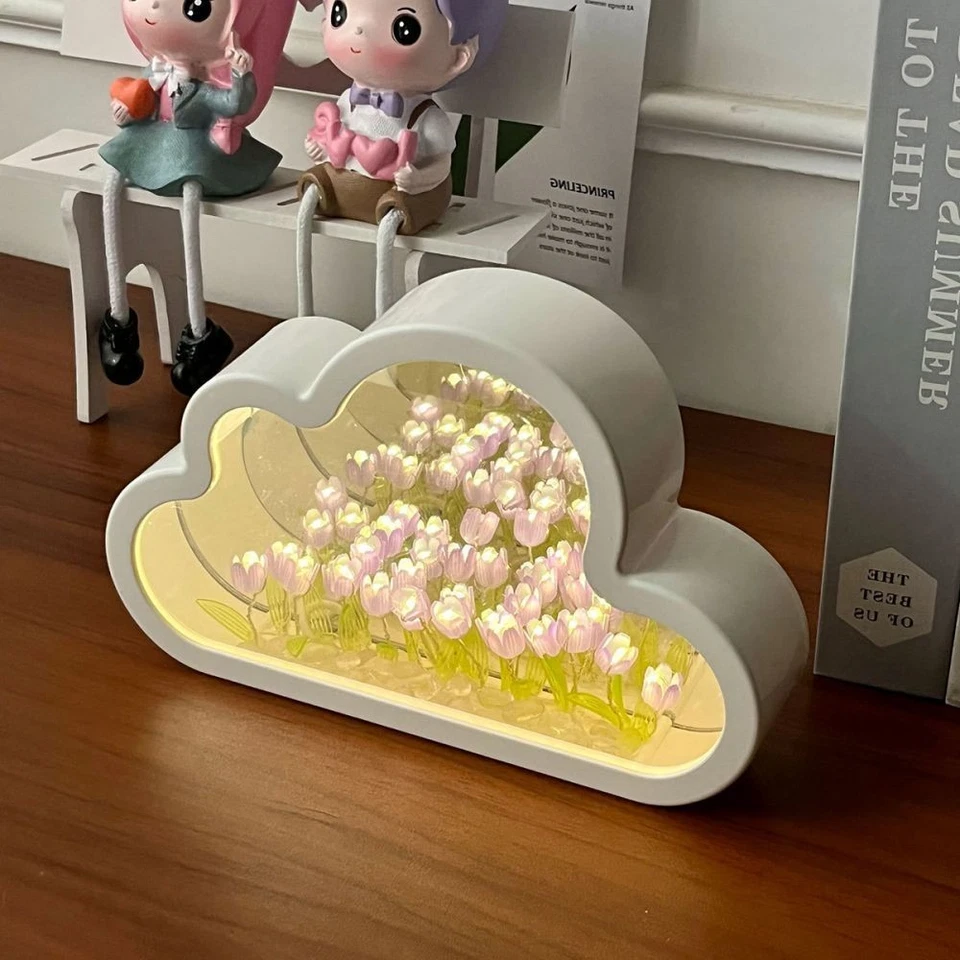 Hecho a mano hágalo usted mismo Flor de tulipán Nube Espejo LED Luz Nocturna Dormitorio Decoración Lámpara Foto 3 de 3