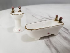 Vintage Doll House Miniature PORCELAIN BATH TUB AND SINK HEARTS
